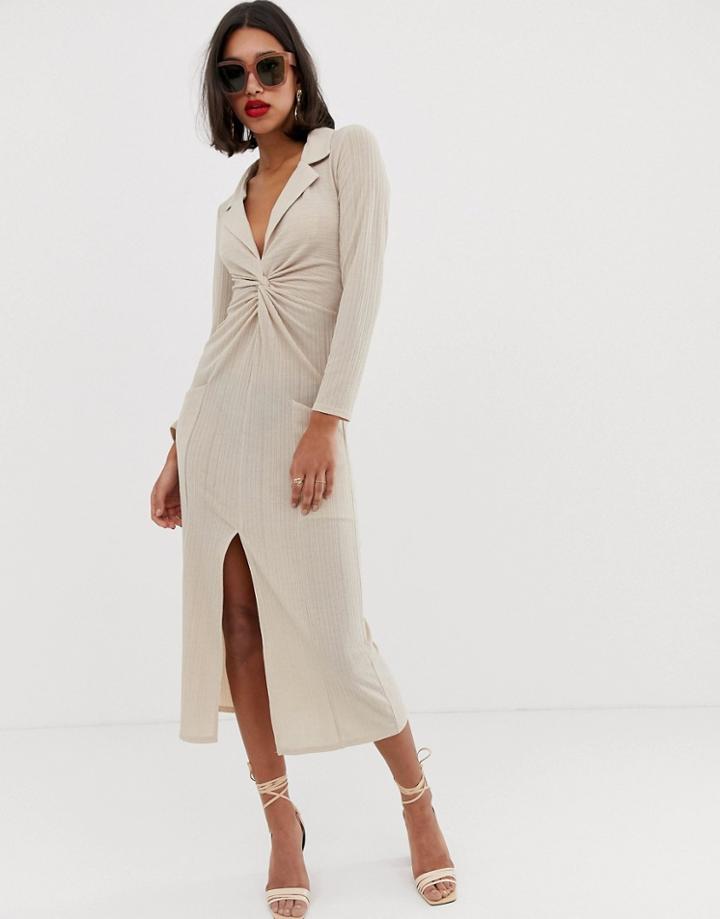 Asos Design Textured Twist Front Maxi Dress-beige