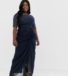 Virgos Lounge Plus Embellished Maxi Dress With Ruched Skirt Detail In Navy