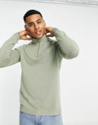 Asos Design Midweight Half Zip Cotton Sweater In Sage Green
