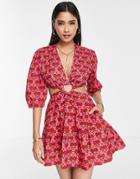 Never Fully Dressed Heart Cut-out Mini Dress In Red Peace Flower Print-multi