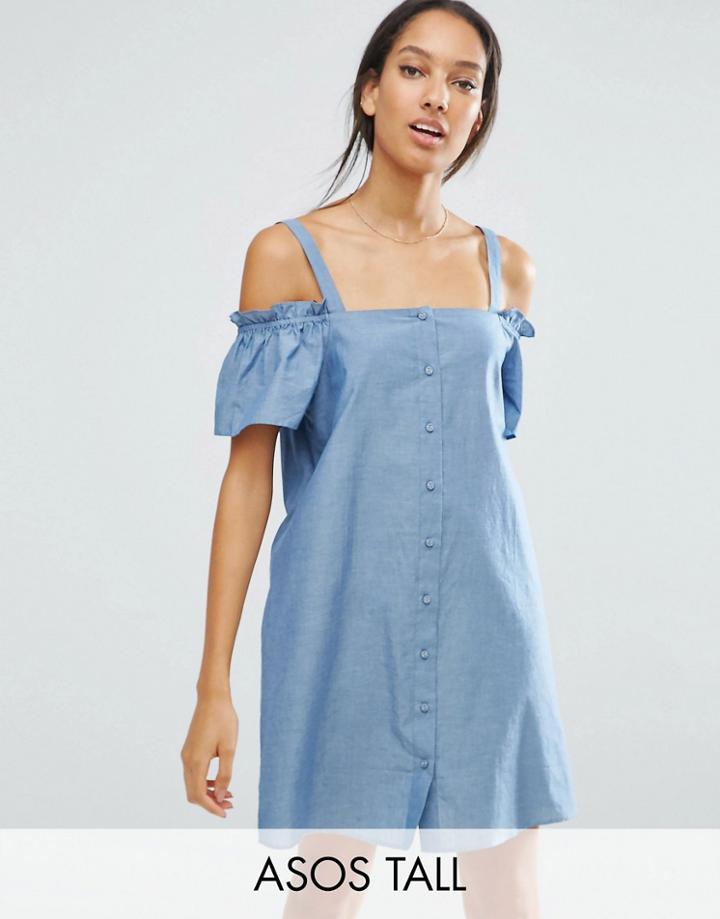 Asos Tall Cold Shoulder Button Through Sundress In Chambray - Blue