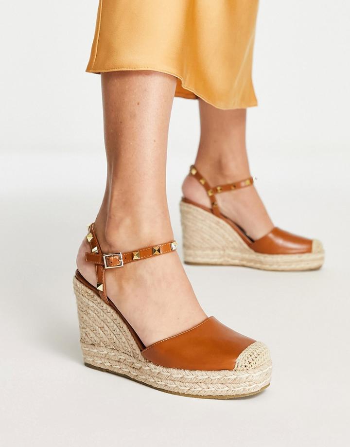 Truffle Collection Studded Strap Espadrilles In Tan-brown