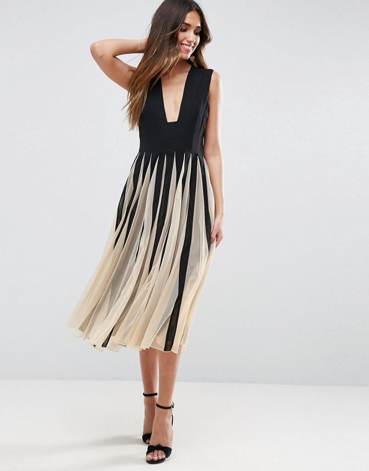 Asos Mesh Fit And Flare Square Plunge Midi Dress - Multi