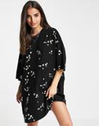 Asos Design Oversized T-shirt Dress With All Over Green Ditsy Embroidery In Black