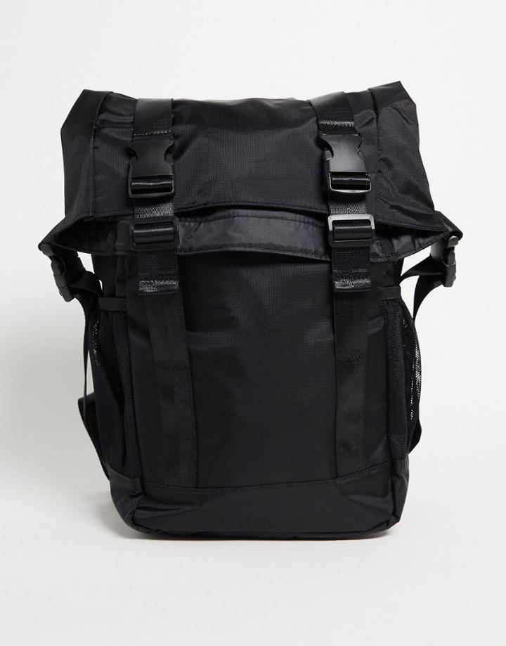 Asos Design Rolltop Backpack In Black Nylon With Double Straps