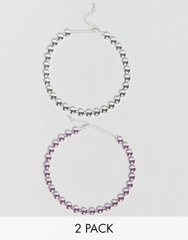 Asos Pack Of 2 Metallic Circle Choker Necklaces - Multi