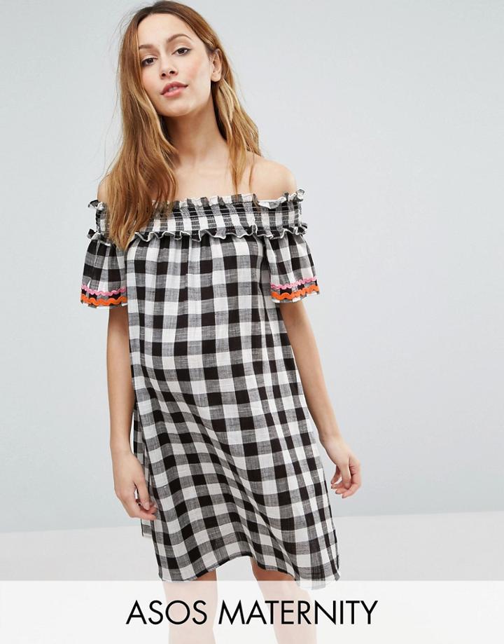 Asos Maternity Gingham Off Shoulder Dress With Shirring Detail - Multi