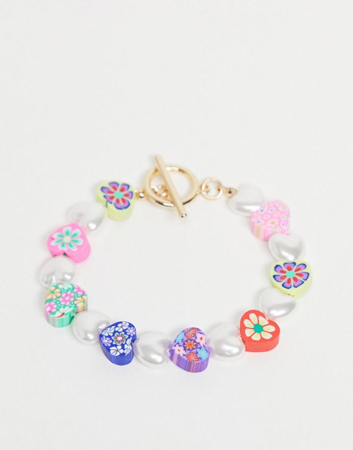 Asos Design Bracelet With Flower Beads In Multi
