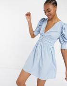 Vila Mini Dress With Wrap Front And Ruffled 3/4 Length Sleeves In Blue-blues
