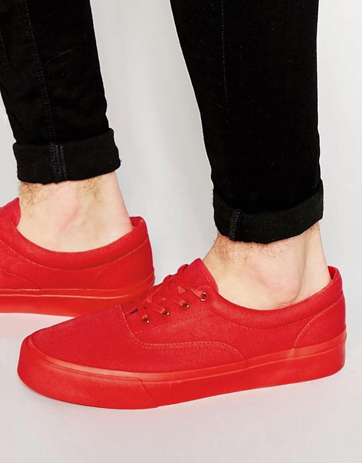 Asos Lace Up Sneakers In Red Canvas - Red