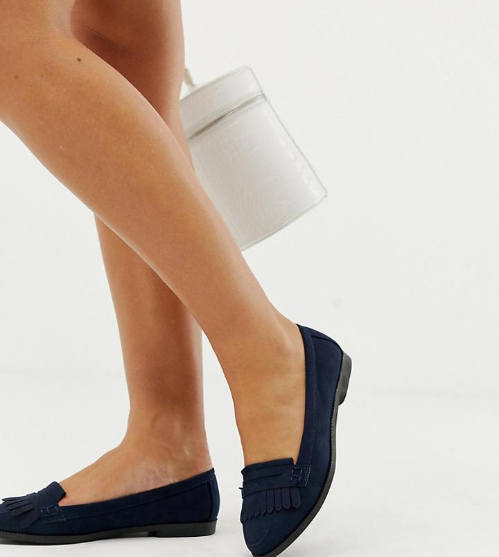 New Look Wide Fit Suedette Fringe Loafer In Navy - Navy
