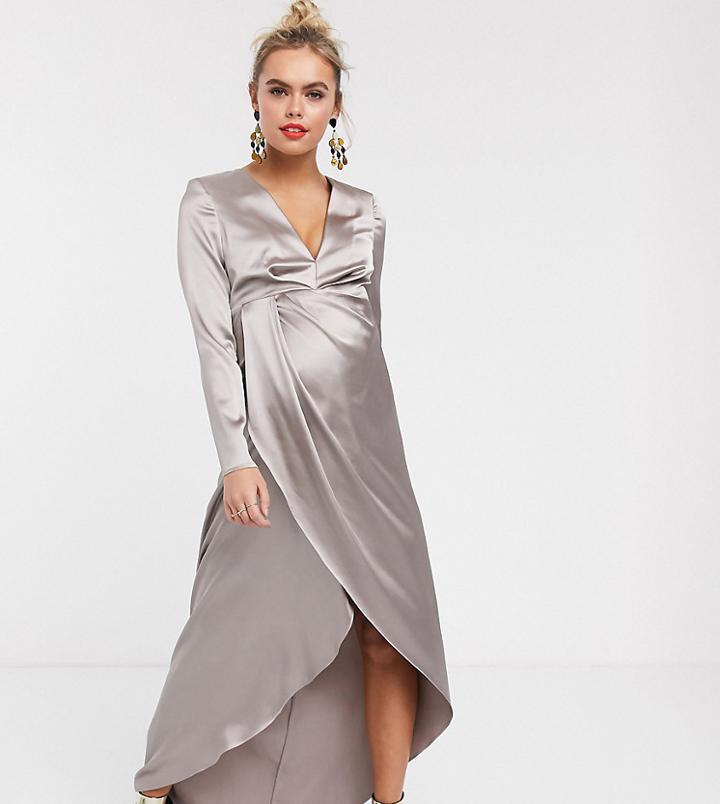 Asos Edition Maternity Split Side Plunge Maxi Dress In Satin-silver
