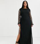 Virgos Lounge Plus Sheer Long Sleeve Maxi Dress With Thigh Split In Black