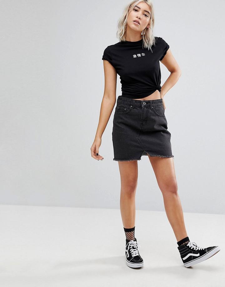 Liquor N Poker Raw Hem Denim Mini Skirt - Black