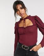 Asos Design High Neck Top With Sweetheart Cut Out Detail In Oxblood-no Color