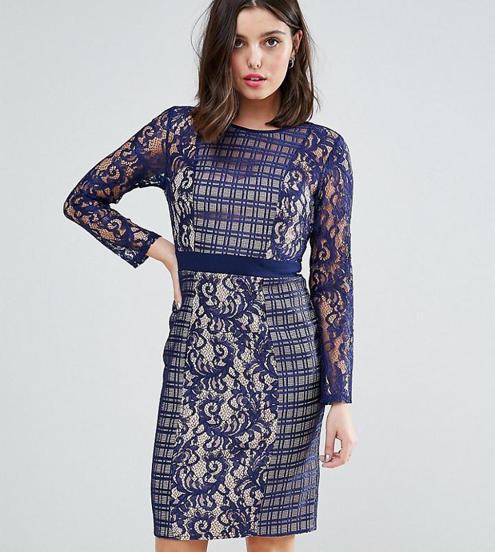 Little Mistress Petite Long Sleeve Contrast Lace Shift Dress
