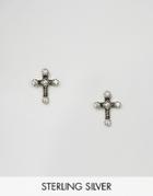 Reclaimed Vintage Inspired Sterling Silver Diamonte Cross Stud Earrings - Silver