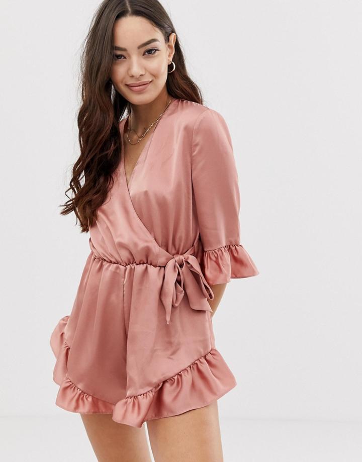 Asos Design Frill Short Romper In Satin - Pink