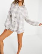 Cotton: On Set Flannel Sleep Shirt In Gray Check Print-grey