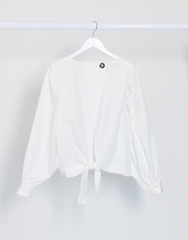 Vila Poplin Blouse With Tie Front And Balloon Sleeves In White