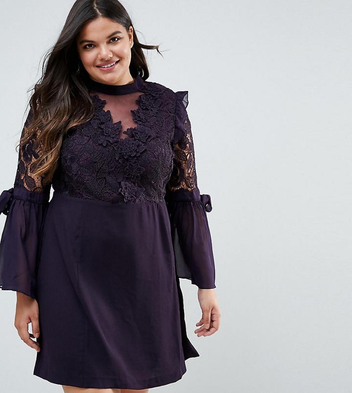 Truly You Premium Lace Mini Dress With Bow Sleeve Detail-purple