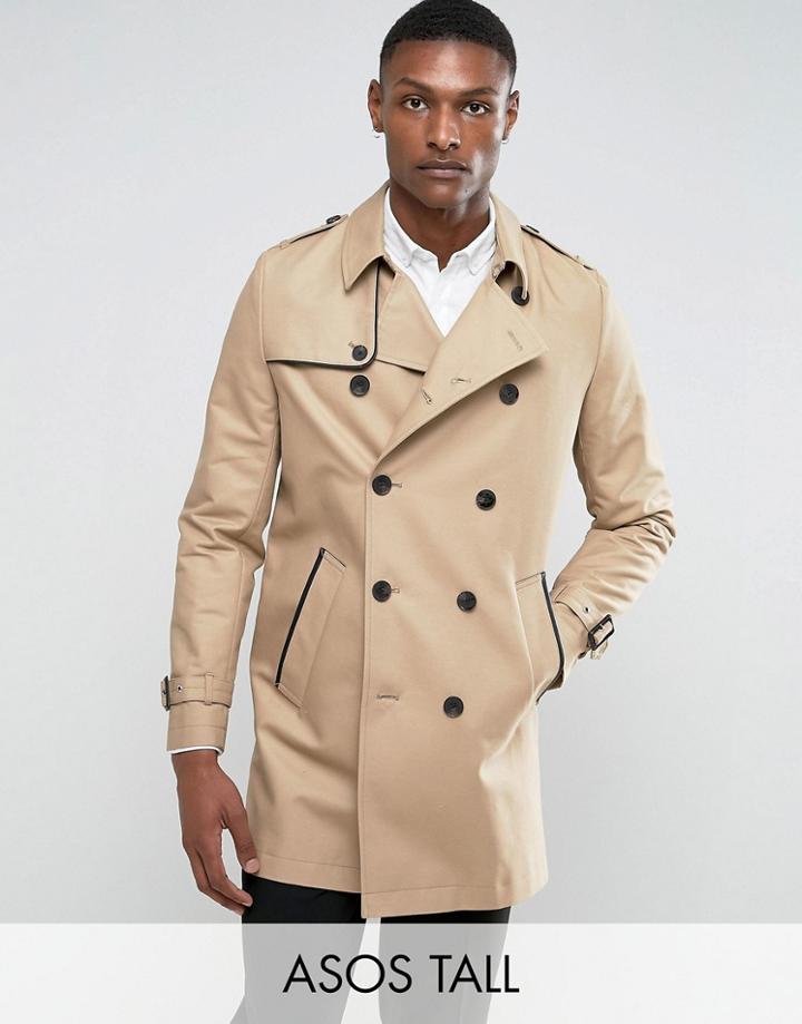Asos Tall Shower Resistant Double Breasted Trench In Stone - Stone