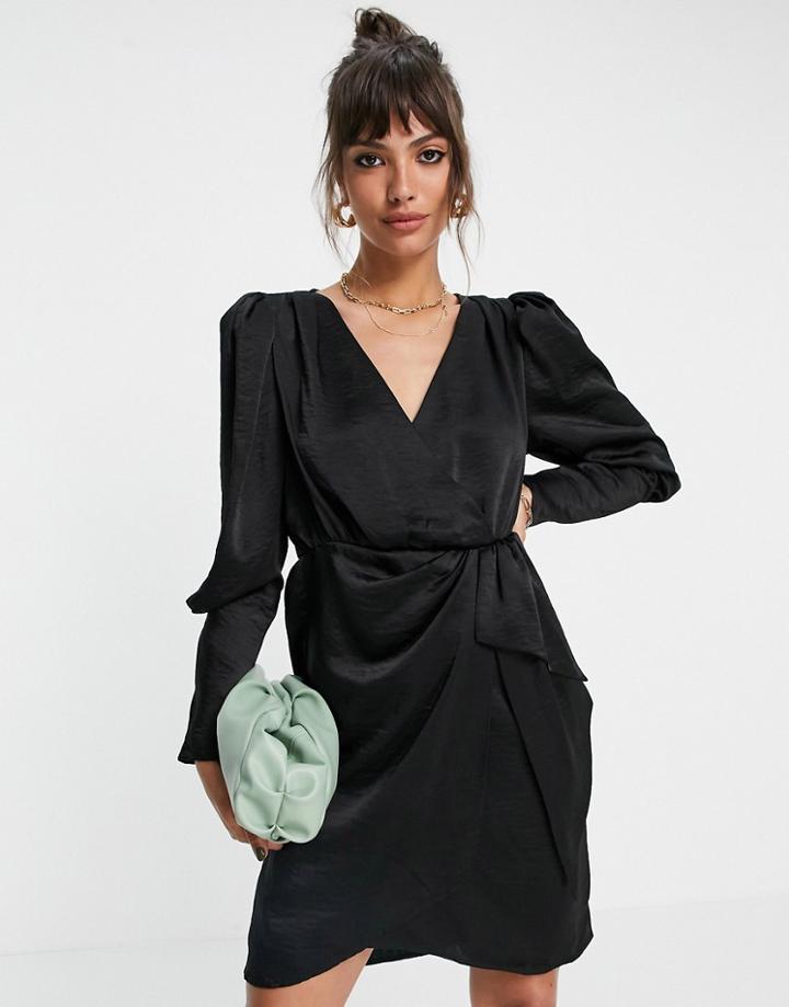 Vila Recycled Blend Satin Wrap Dress With Balloon Sleeve In Black