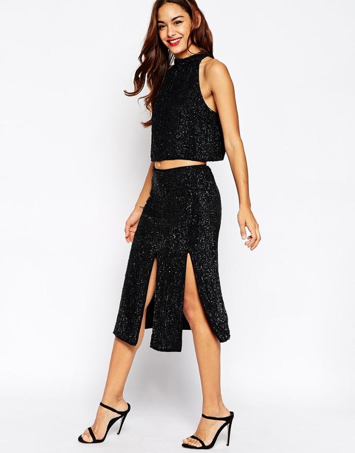 Asos Co-ord Pencil Skirt In Sequins With Splits - Black