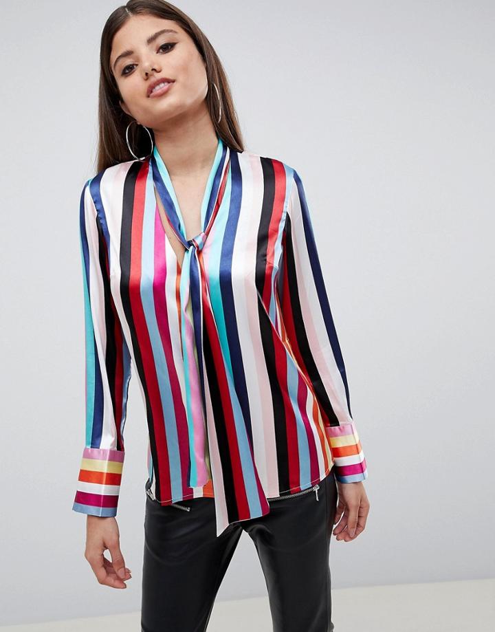 Asos Design Plunge Blouse With Pussybow In Bright Stripe - Multi