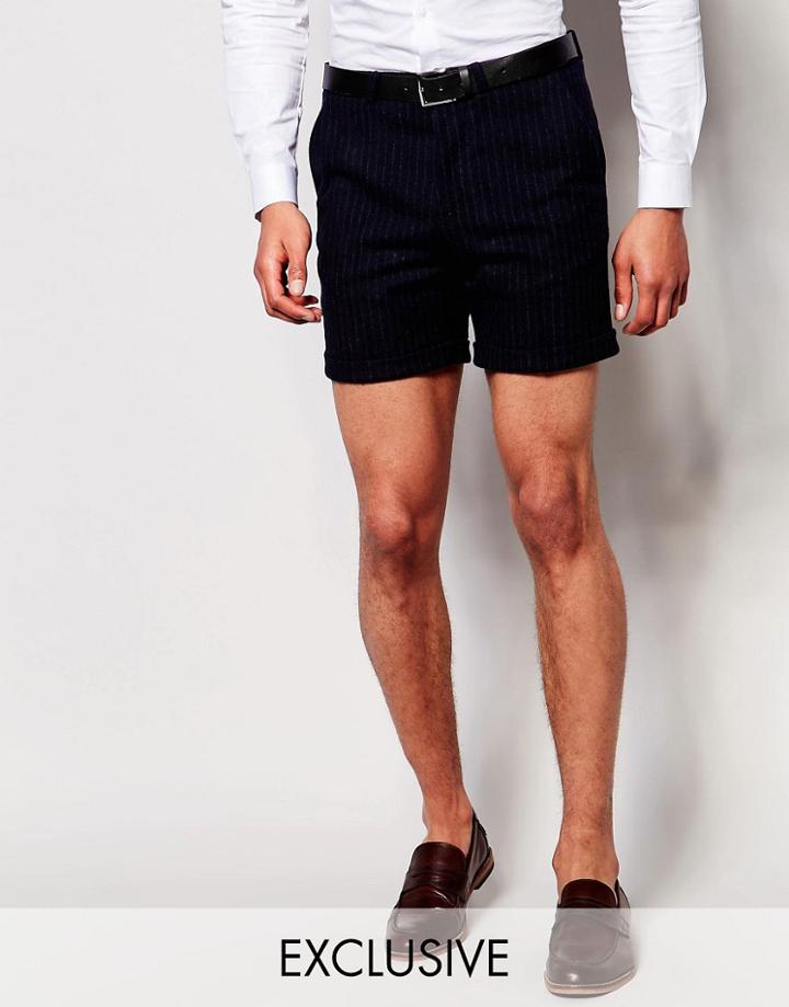 Noose & Monkey Pinstripe Tailored Shorts With Turn Up In Super Skinny Fit - Navy