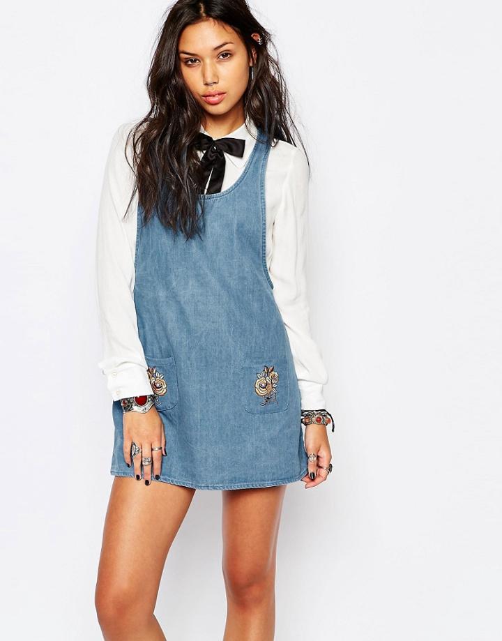 Motel Bridget Pinnafore Dress In Denim - Bridget Pinafore