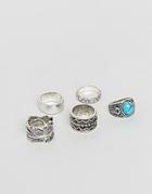 Asos Chunky Ring Pack In Burnished Silver With Feather And Turqoise Stone Design - Silver