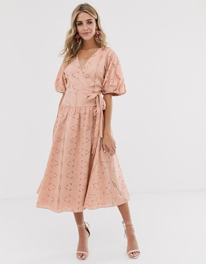 Asos Design Wrap Midi Dress With Puff Sleeves In Broderie-pink