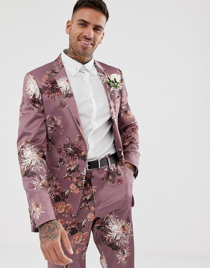 Asos Design Wedding Skinny Suit Jacket With Pink Floral Print - Pink