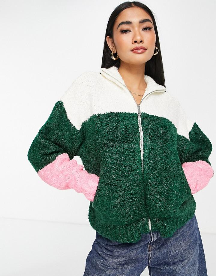 Topshop Knitted Zip Color Block Boucle Sweater In Multi