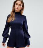 Fashion Union Petite Romper With Tie Open Back - Navy
