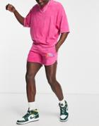 Asos Actual Washed Runner Short With Multi Color Logo Print In Pink - Part Of A Set