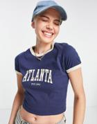 Pull & Bear Varsity Slogan Cropped T-shirt In Navy