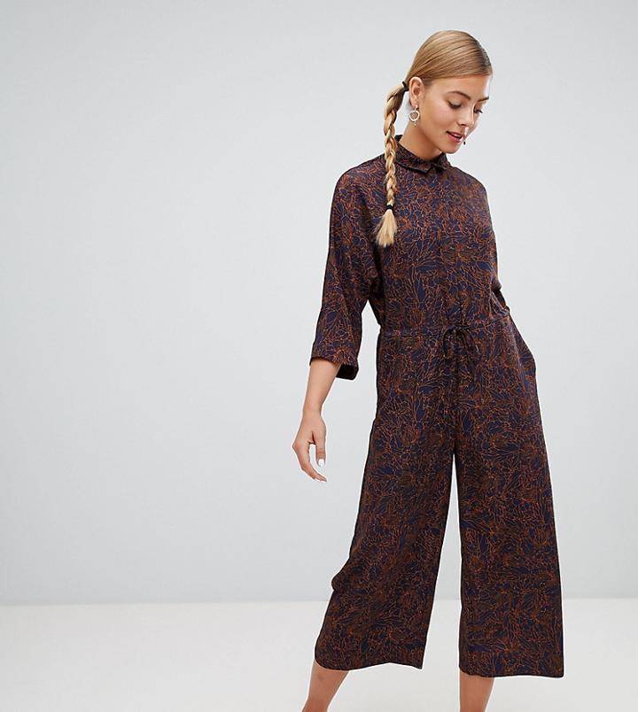 Monki Drawstring Hand Drawn Flower Print Wide Leg Jumpsuit In Navy - Navy