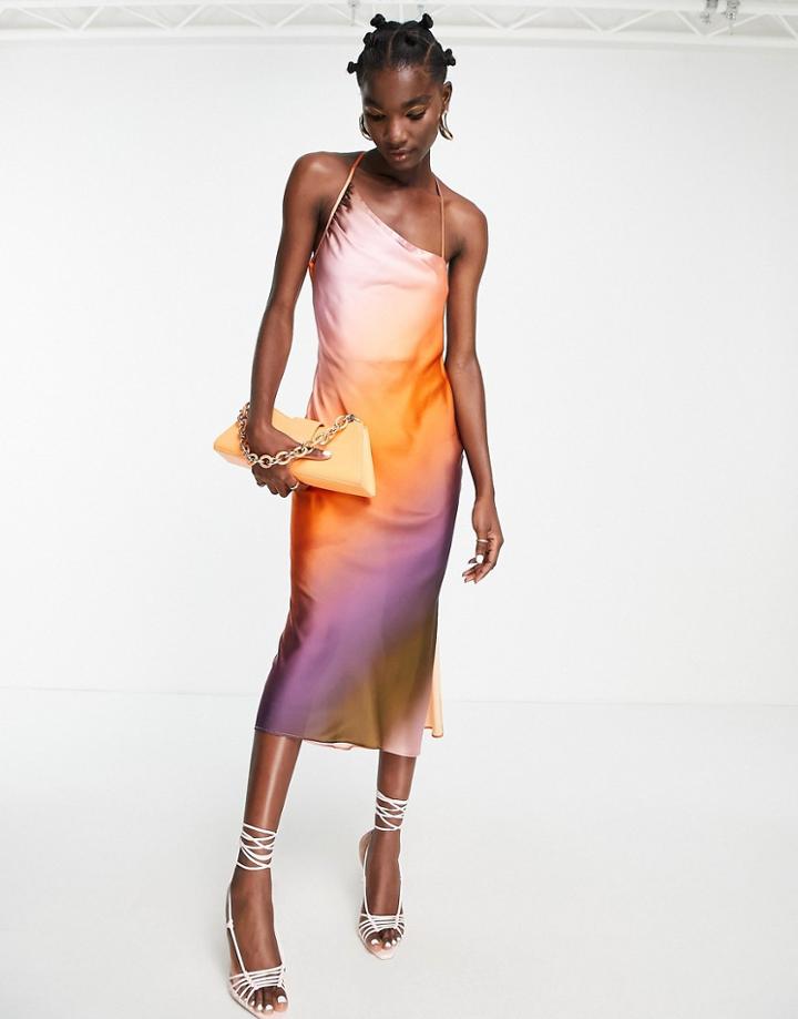 Topshop Asymmetric Shoulder Sunset Print Midi Dress In Muti-multi