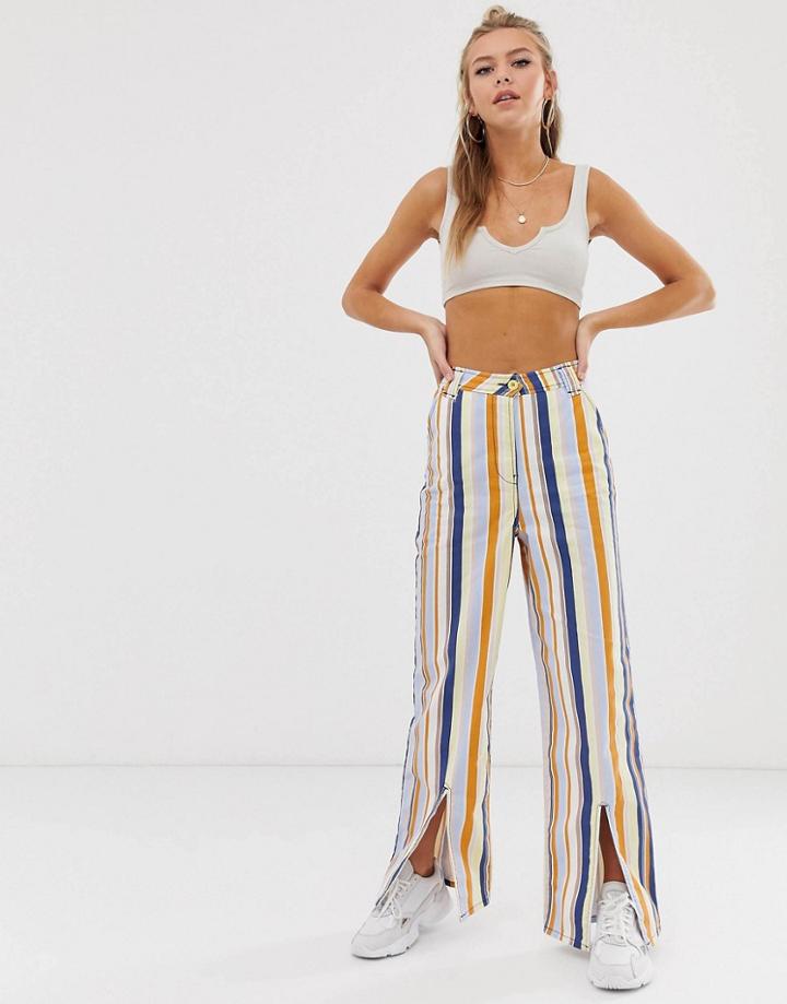 Asos Design Stripe Straight Leg Pants With Split - Multi
