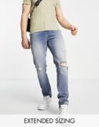 Asos Design Skinny Jean In Mid Wash With Rips - Mblue