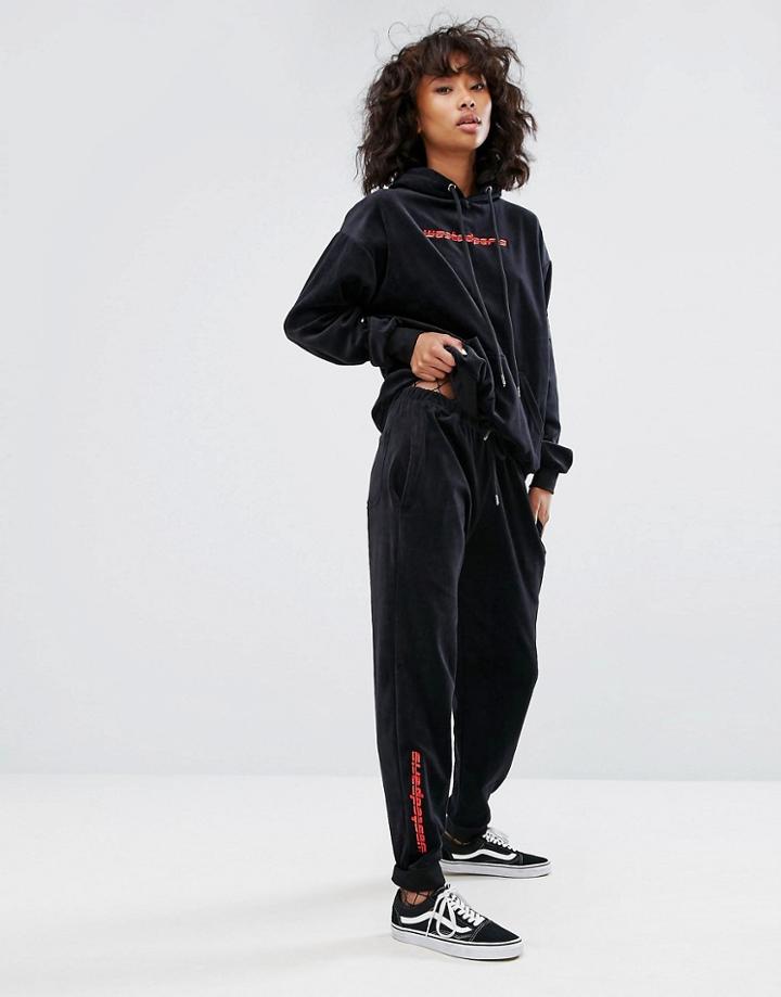 Wasted Paris Relaxed Joggers With Logo In Velour Tracksuit - Black