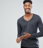 Asos Tall Long Sleeve T-shirt With Deep V Neck In Dark Gray - Black
