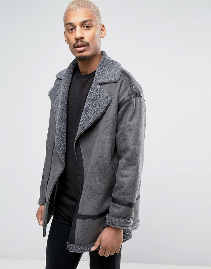 Asos Faux Shearling Biker Jacket In Gray - Gray