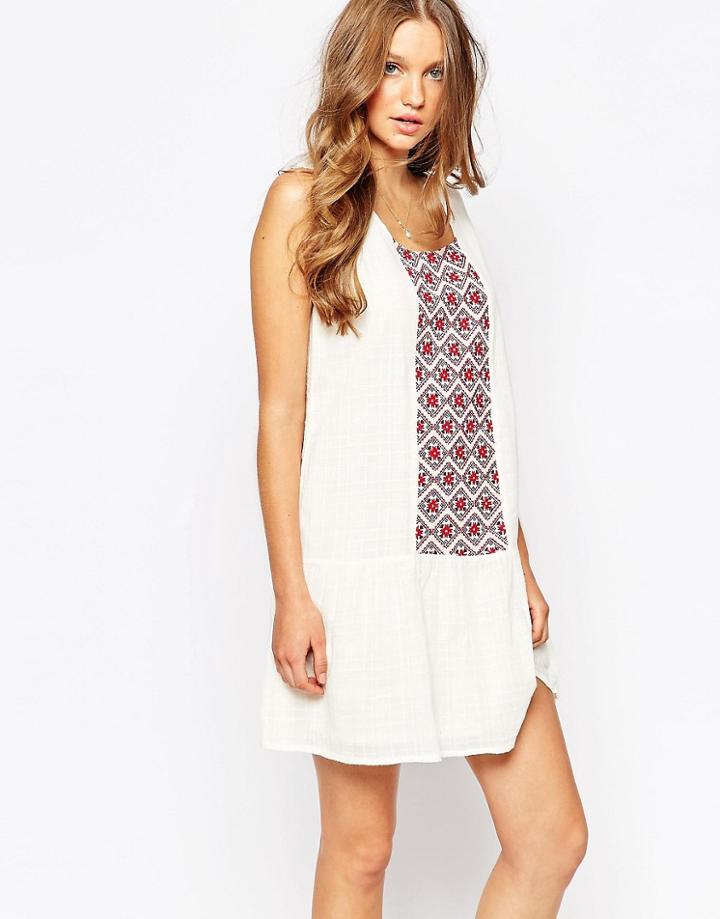 Mango Drop Hem Embroidered Boho Dress - White