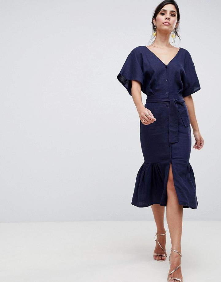 Asos Design Linen Button Through Pephem Midi Dress - Navy