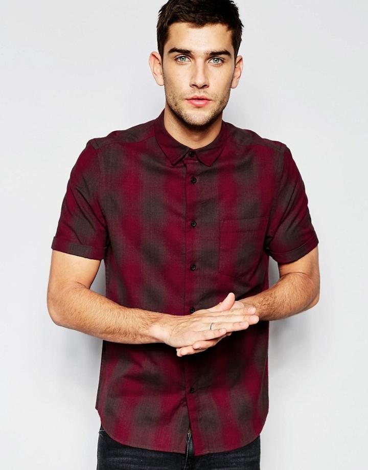 Asos Shirt With Shaded Grid Check In Half Sleeve - Burgundy