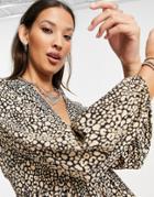 Topshop Leopard Print Button Front Long Sleeve Tea Top In Brown
