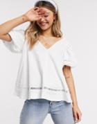 Asos Design Trapeze Top With Puff Lace Trim-white